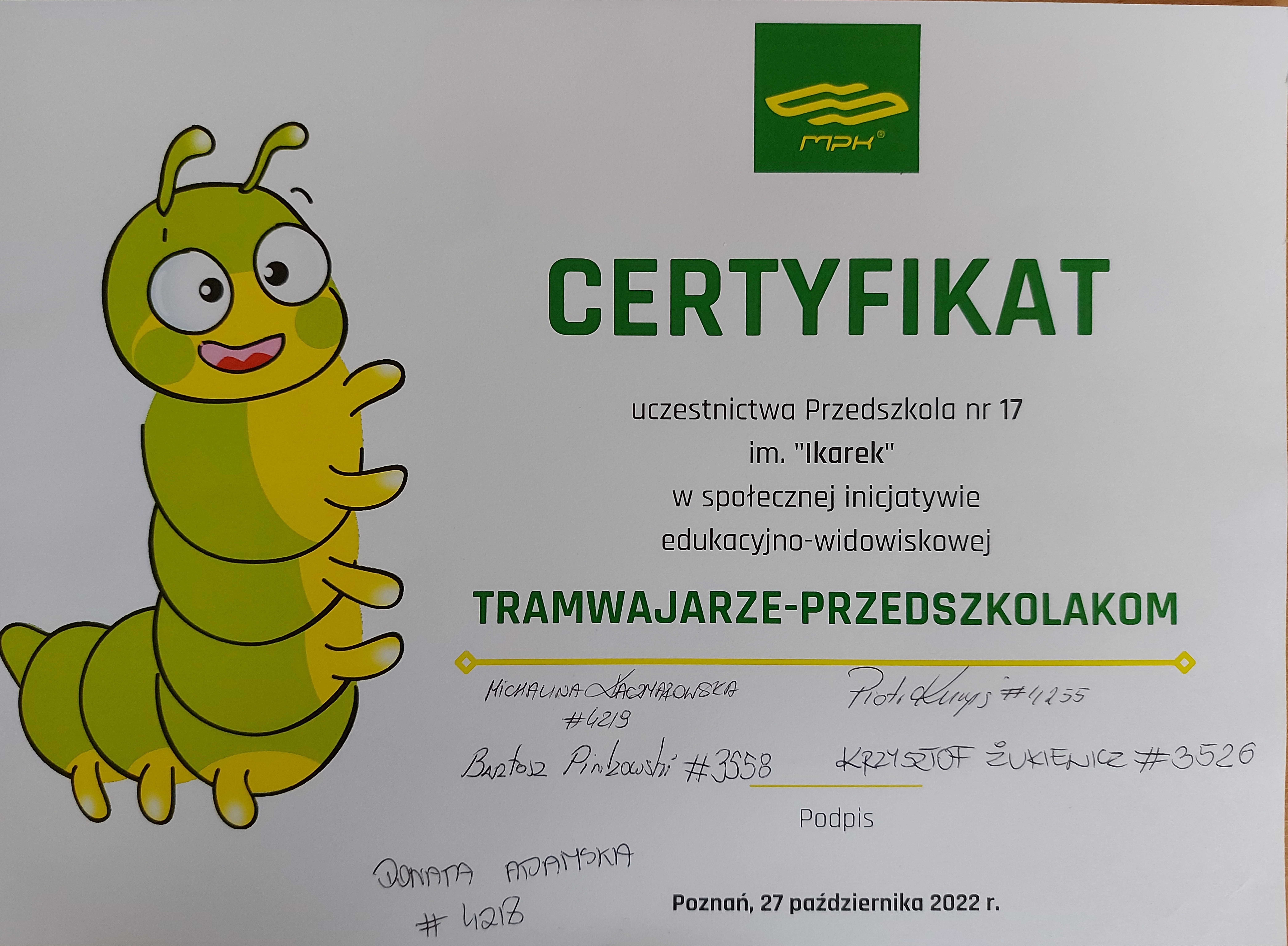 Certyfikat uczestnictwa w społecznej inicjatywie edukacyjno-widowiskowej tramwajarze-przedszkolakom