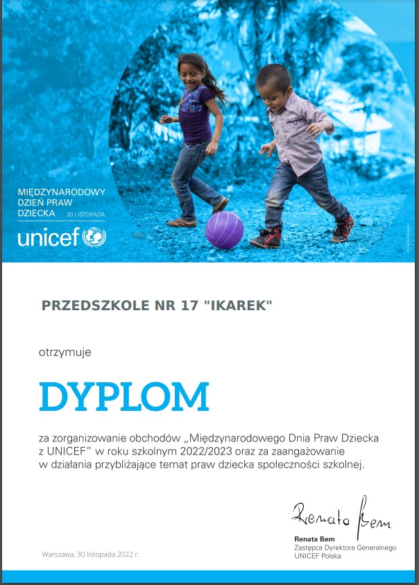 Dyplom za zorganizowanie obchodów Międzynarodowego Dnia Praw Dziecka z UNICEF
